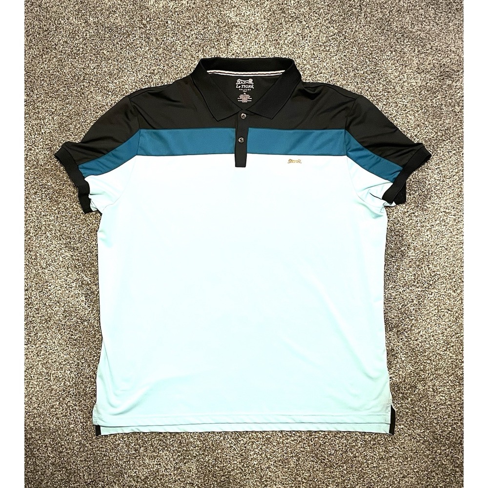 Le Tigre Mens Tri-Flex Golf Polo XL Teal Blue Block Stripes Stretch Tiger Logo